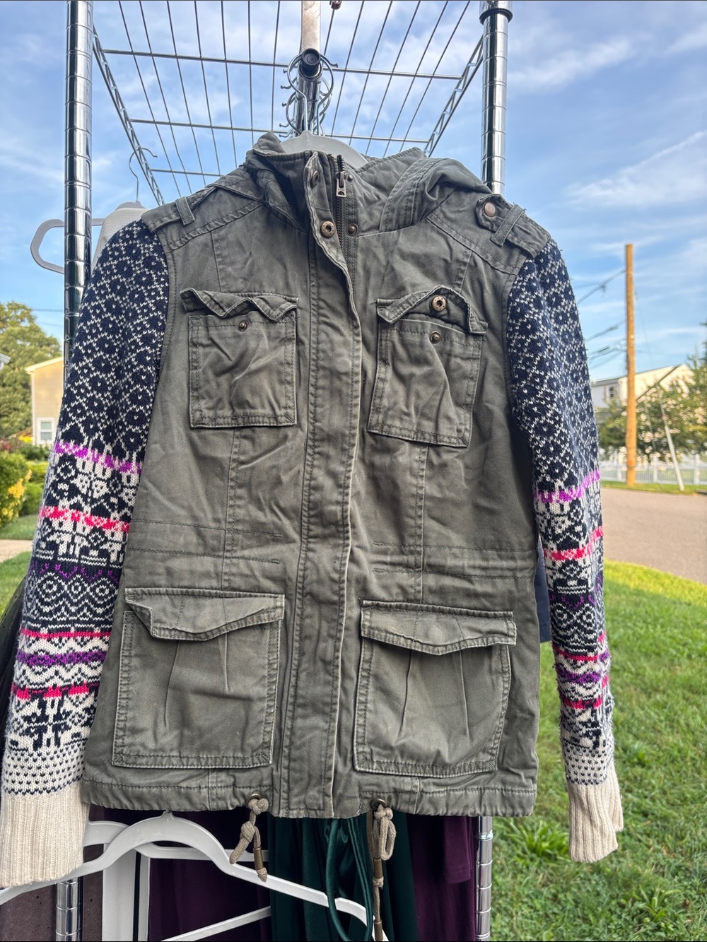 Aeropostale Olive Utility Jacket with Patterned Knit Sleeves